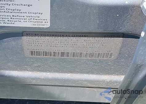 2006 Volkswagen Passat 2.0T/Value Edition from USA, damaged, VIN WVWAK73C06P043024